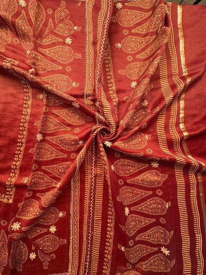 Rust-Maroon Block Print Chanderi Saree With Kaantha Stitches