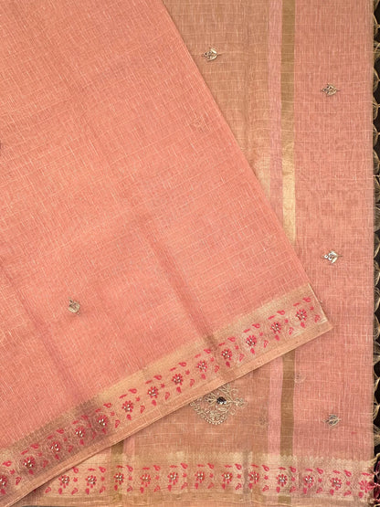 Pink Fancy Cotton Saree With Hand Work