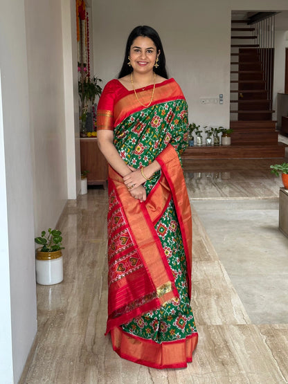 Bottle Green-Red Patola Handloom Silk Saree