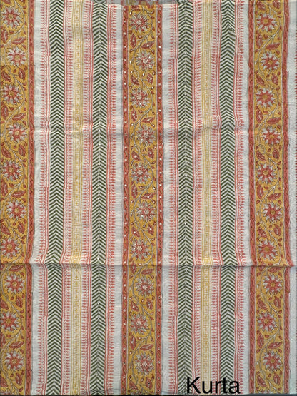 Off White-Mustard Hand Block Printed Chanderi 3-Piece Unstitched Suit with Aari Work