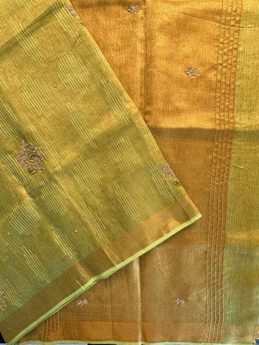 Parrot Green Fancy Linen Tissue Saree with Handwork