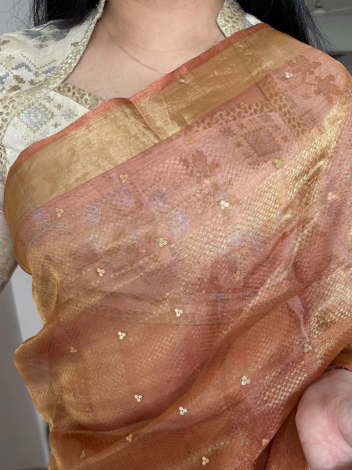 Rust Orange Emboss Tissue Silk Saree