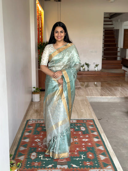 Sea Green -Silver Pure Tissue Silk Saree