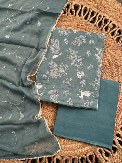 Sea Green Pure Cotton 3-Piece Suit