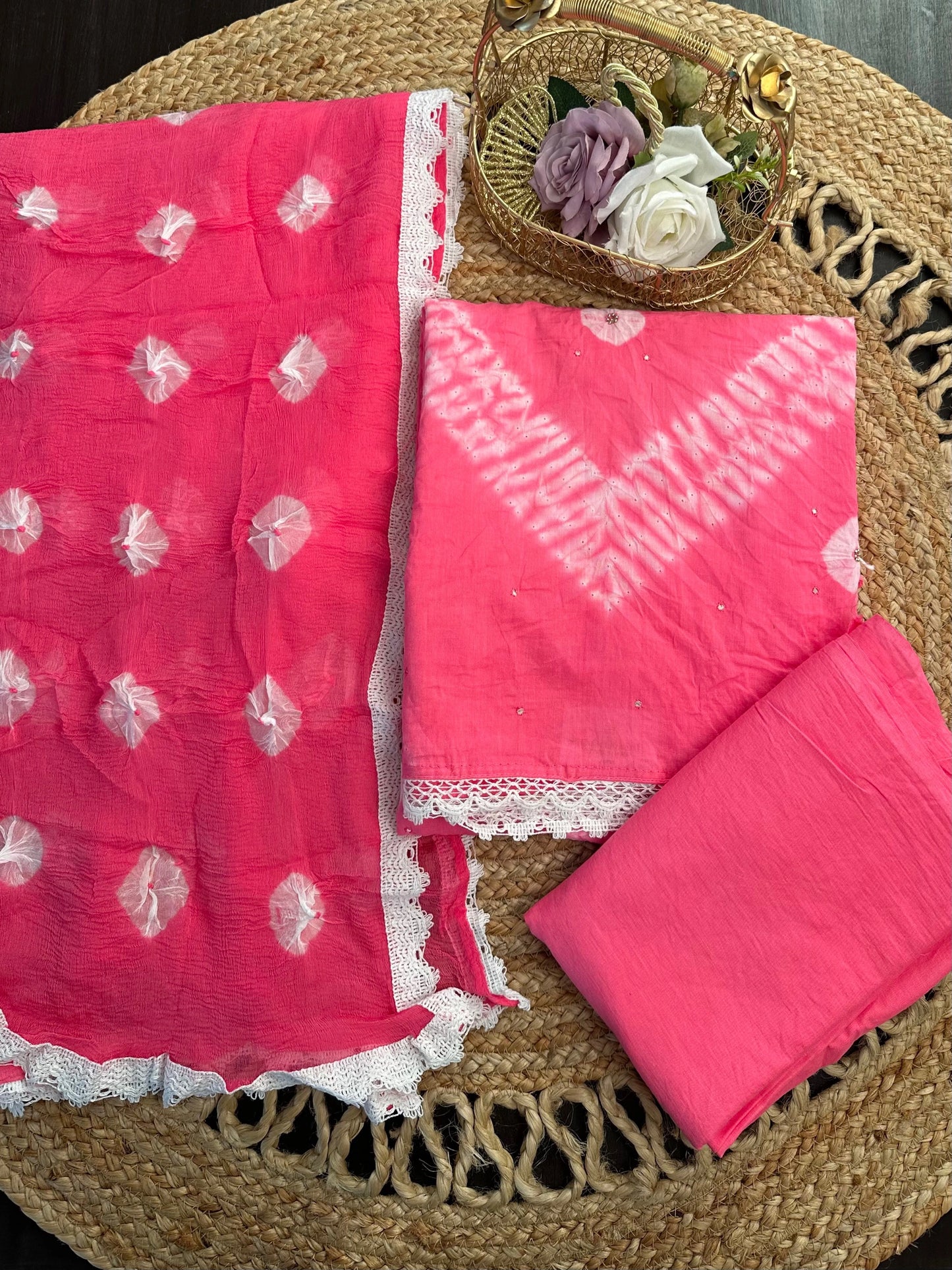 Pink Batik Bandhini Hand Tie-Dye Pure Cotton 3-Piece Unstitched Suit