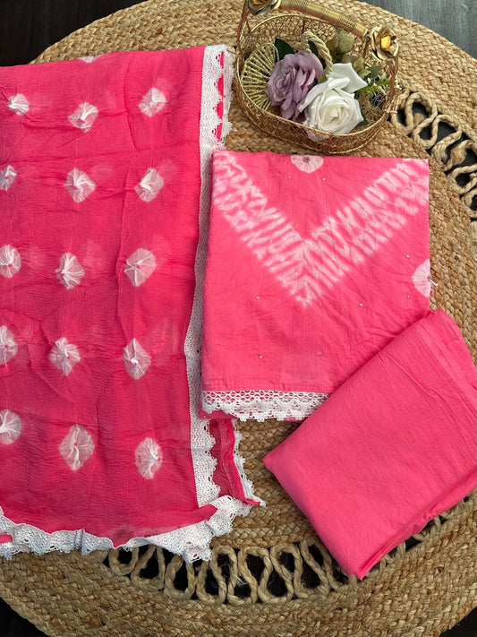 Pink Batik Bandhini Hand Tie-Dye Pure Cotton 3-Piece Unstitched Suit