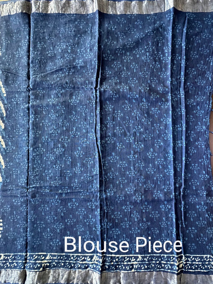 Indigo Hand Block Print Linen Saree