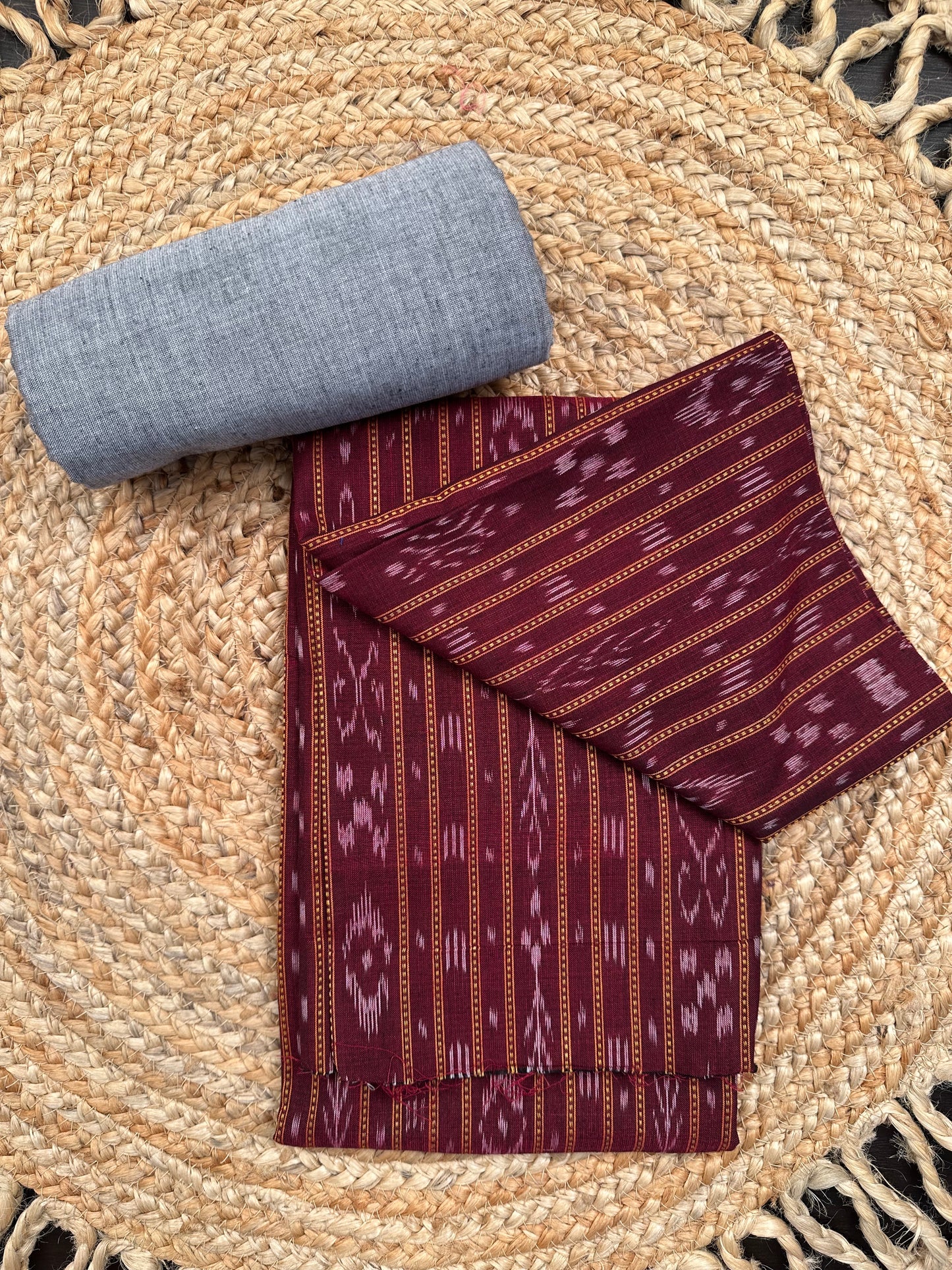 Maroon Sambhalpuri Ikkat Handloom Cotton  3-Piece Suit