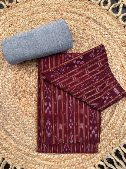 Maroon Sambhalpuri Ikkat Handloom Cotton  3-Piece Suit