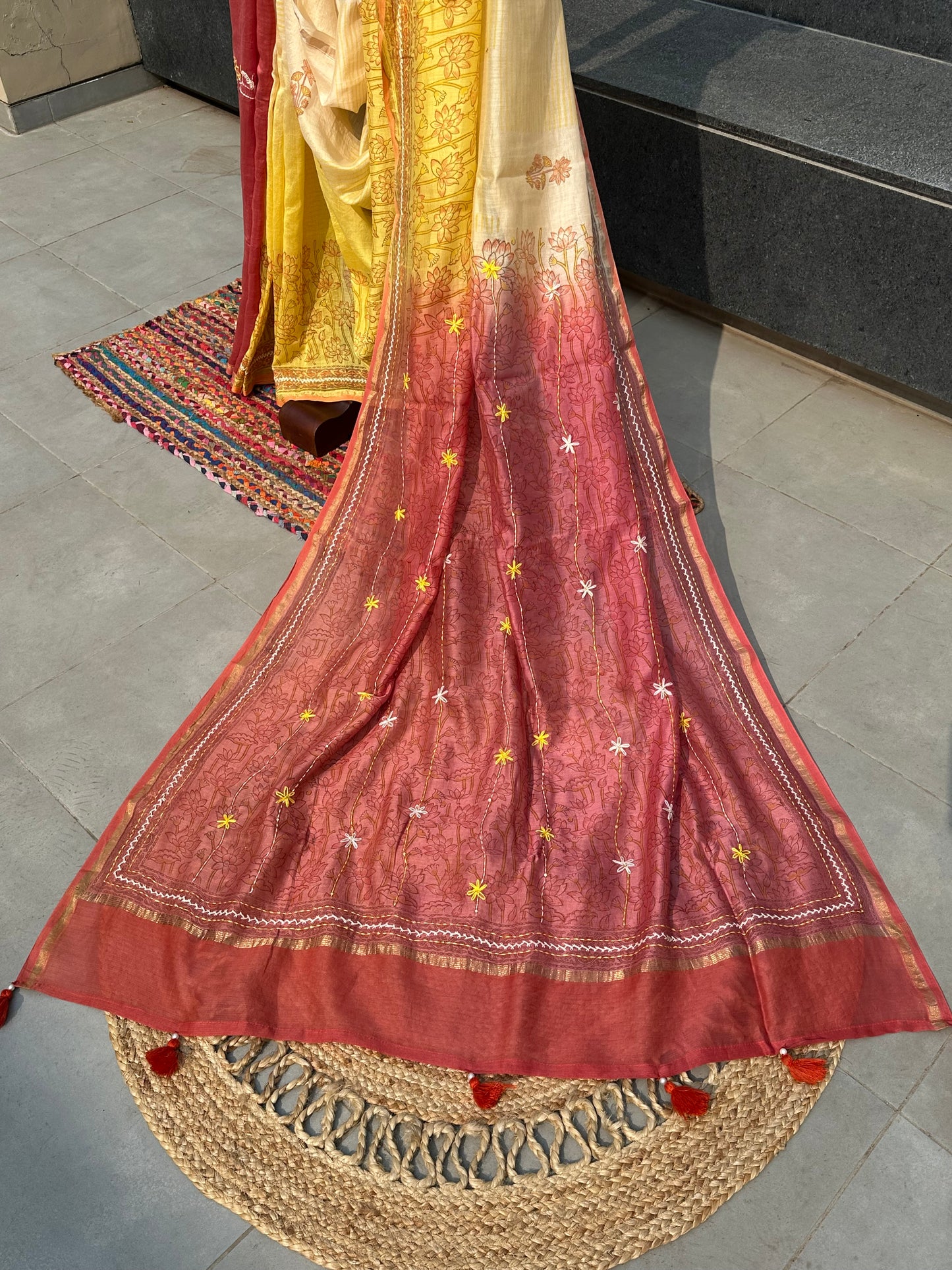 Yellow-Red Block Print Chanderi Saree With Kaantha Stitch