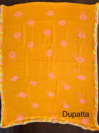 Mustard -Multi Colour Leheriya Jaipuri Cotton Unstitched 3-Piece Suit