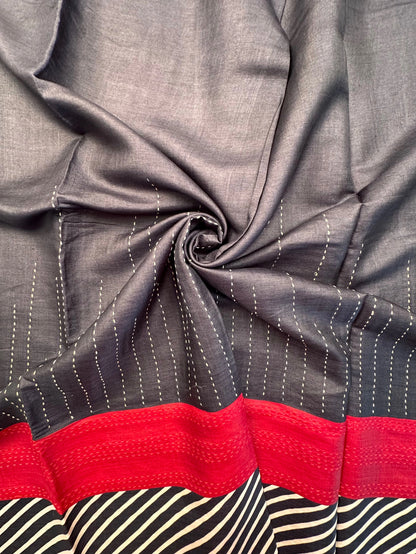 Black-White-Red Pure Tussar Silk Saree