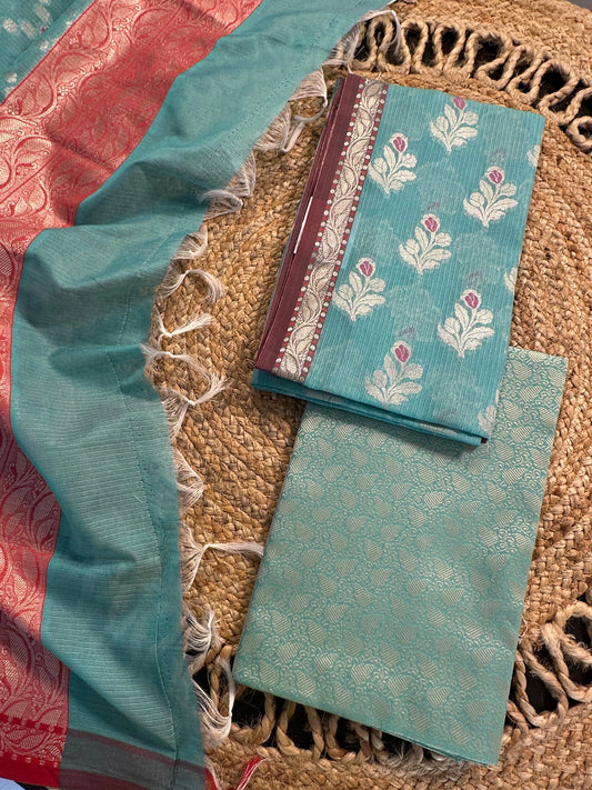 Sea Green Kota Doria Cotton 3-Piece Suit