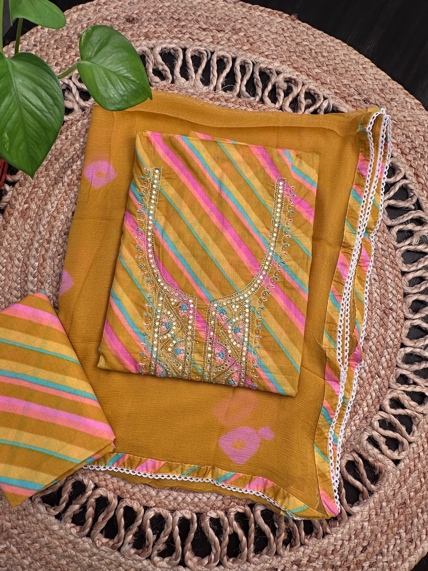 Mustard -Multi Colour Leheriya Jaipuri Cotton Unstitched 3-Piece Suit