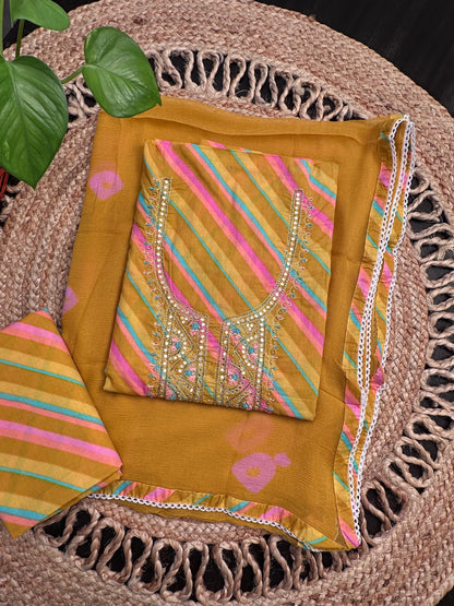Mustard -Multi Colour Leheriya Jaipuri Cotton Unstitched 3-Piece Suit