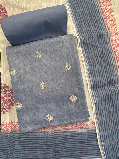 Blue Jute Cotton 3-Piece Suit