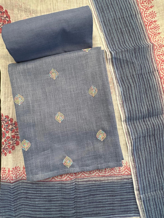 Blue Jute Cotton 3-Piece Suit