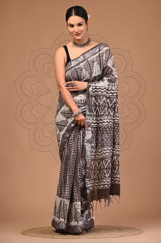 Brown Hand Block Printed Linen Saree