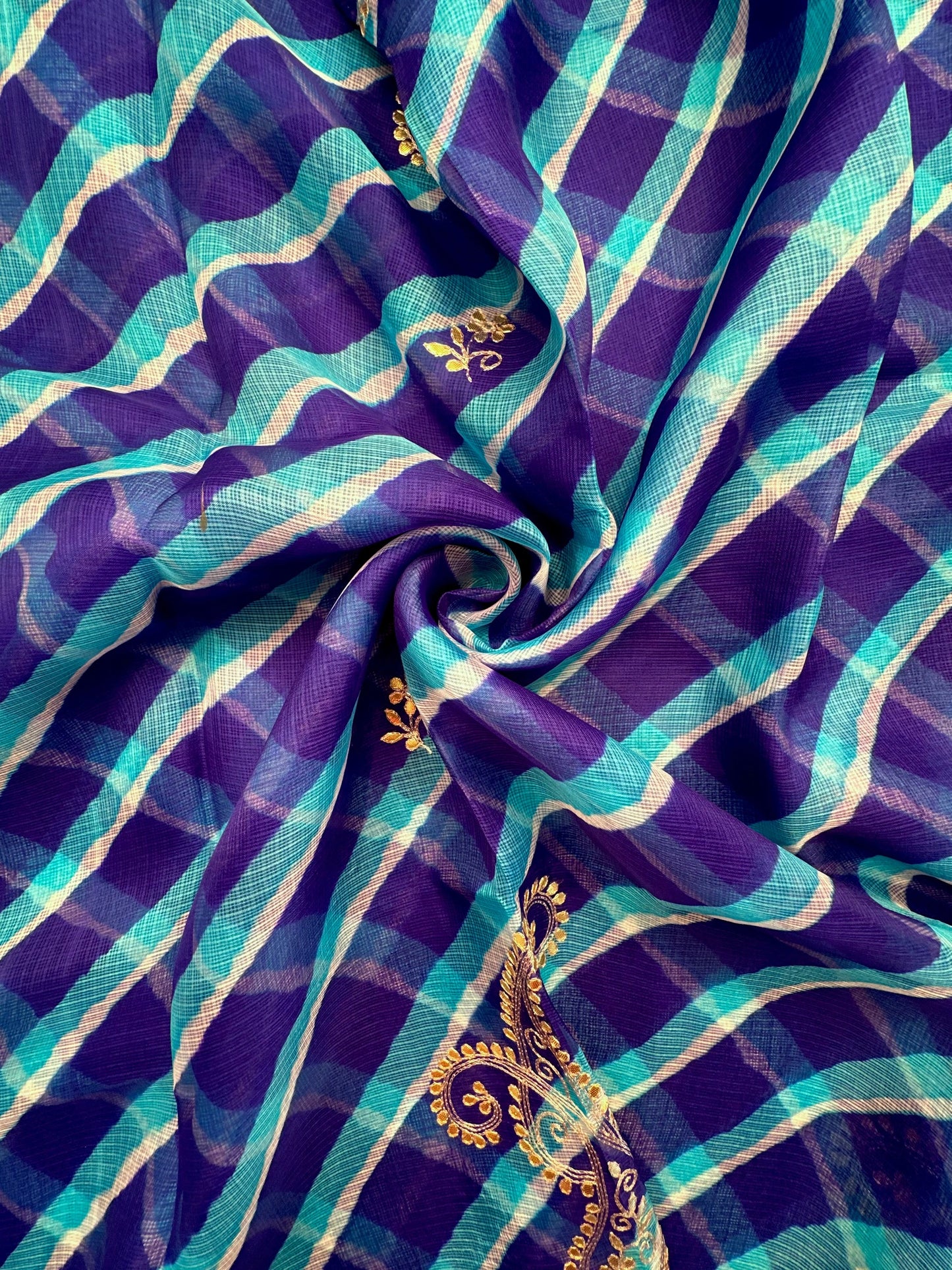 Royal Blue-Firozi Kyra Leheriya Kota Doria Pure Silk Saree With Gota Patti Work