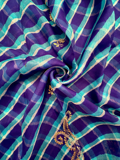 Royal Blue-Firozi Kyra Leheriya Kota Doria Pure Silk Saree With Gota Patti Work