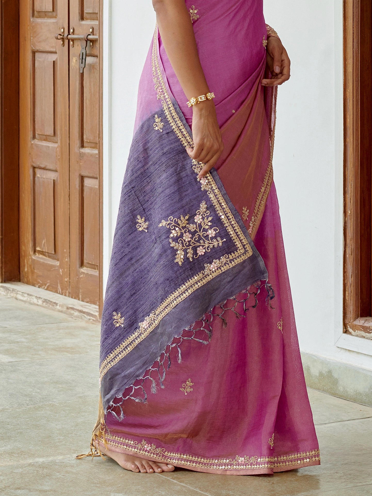 Pink Tussar Silk Saree With Zari Buta