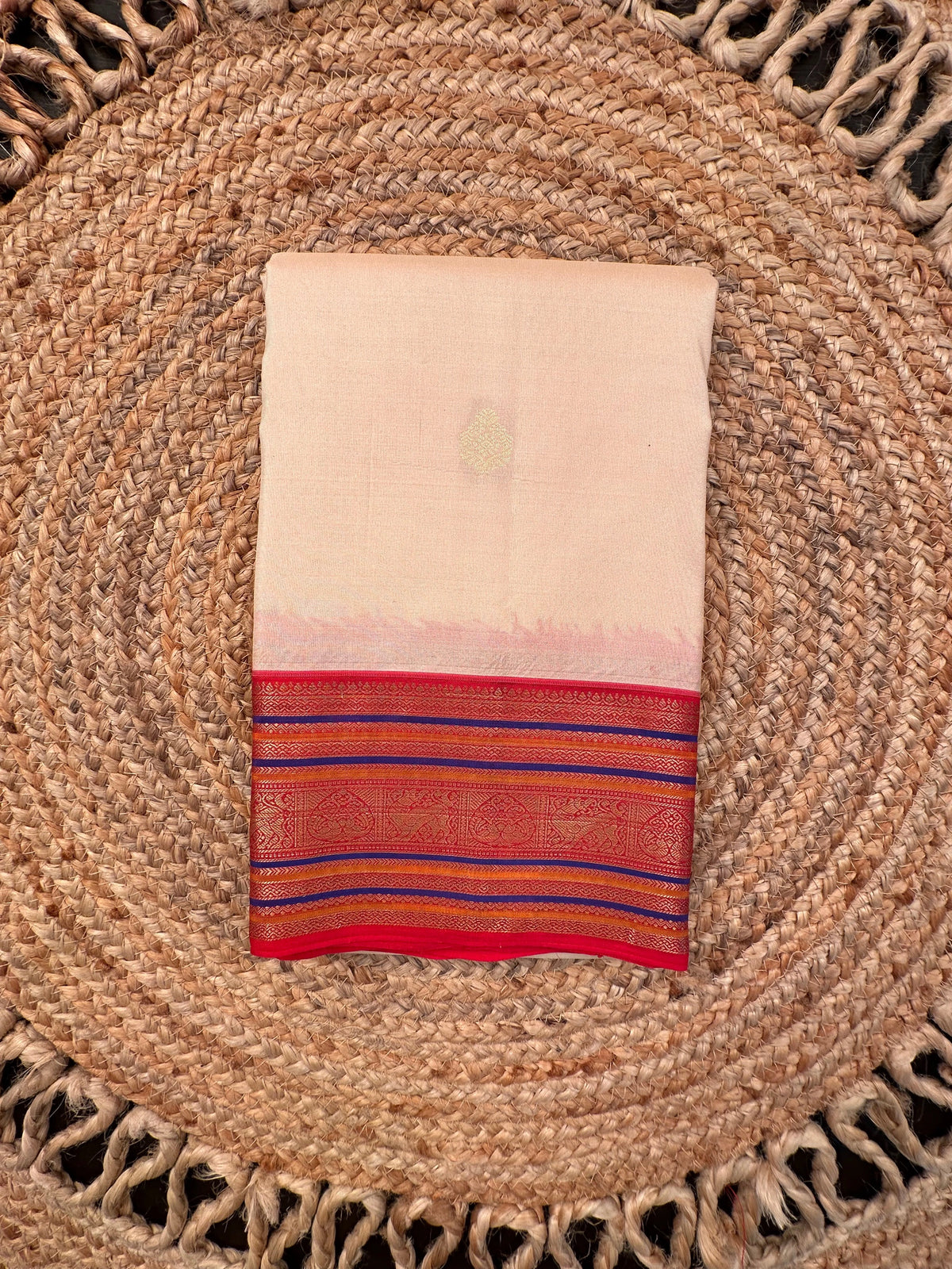 Light Beige-Red Pure Silk Saree