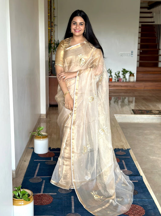 Light Gold Pittan Work Kota Doria Silk Saree