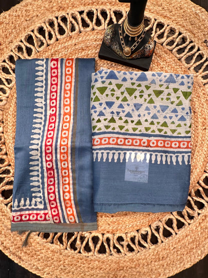 Blue Trisha Printed Chanderi 3-Piece Unstitched Suit