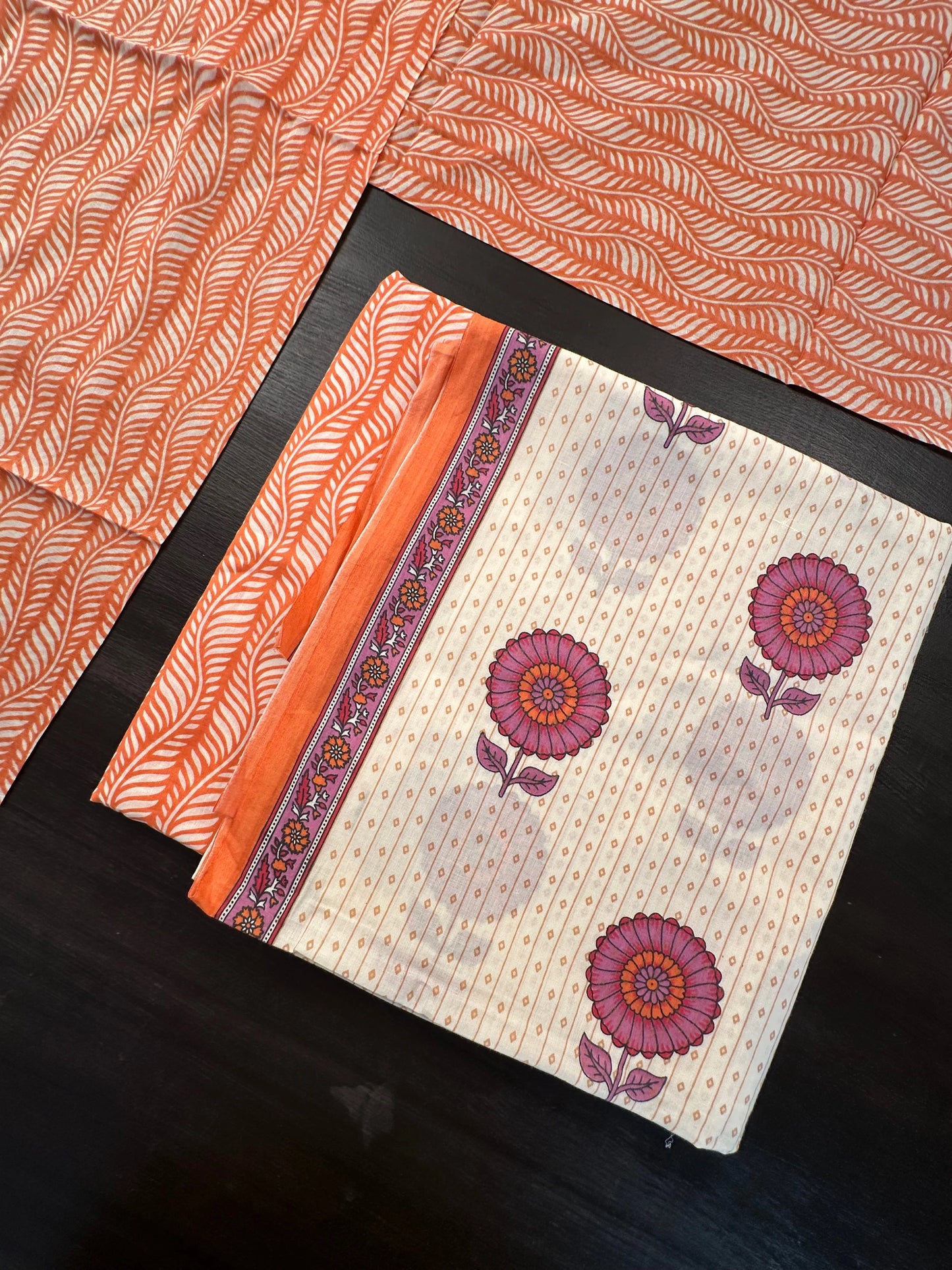 Cream-Peach Jaipuri Cotton 3-Piece Suit