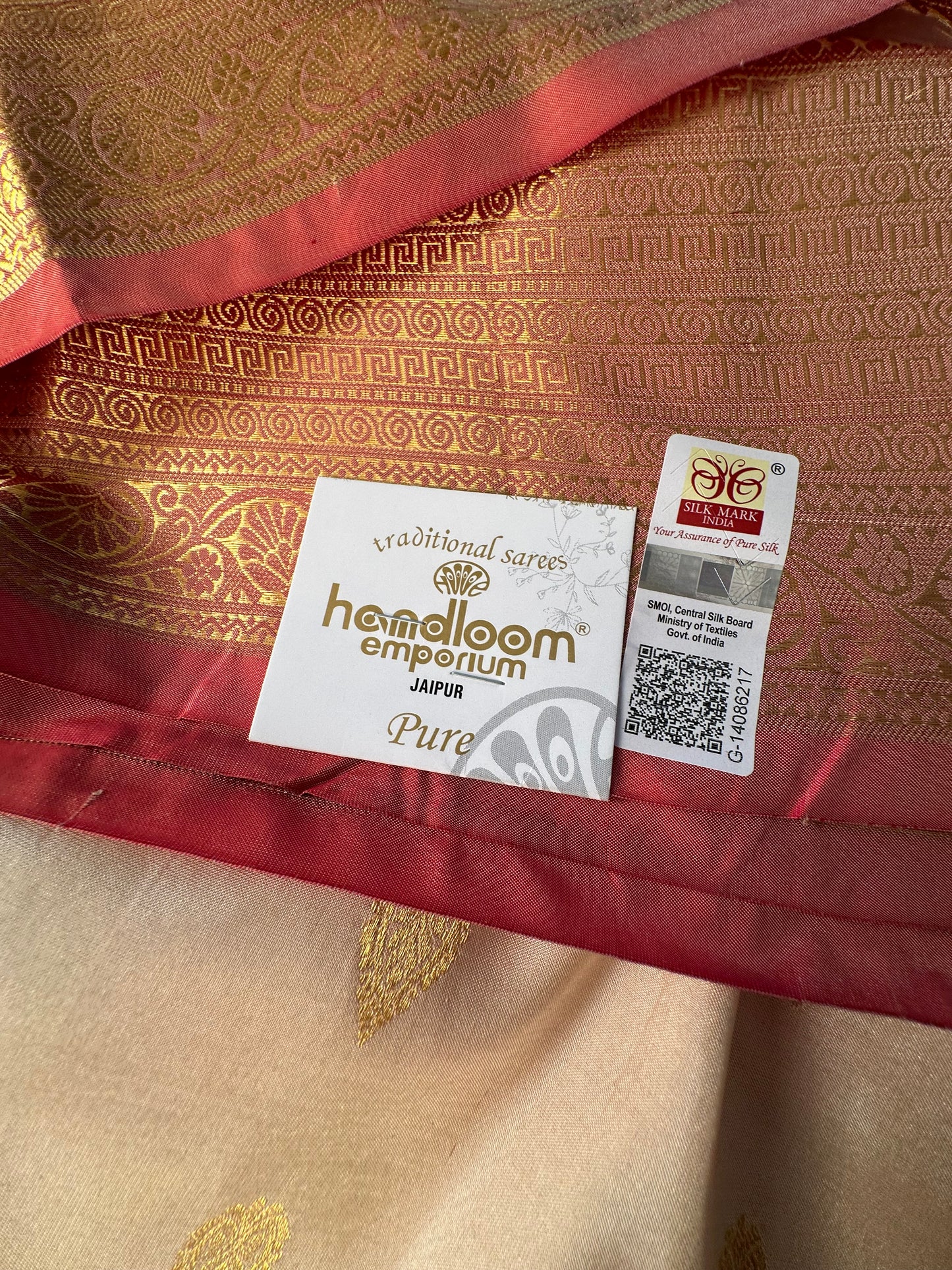 Beige Pondicherry Handloom Pure Silk Saree