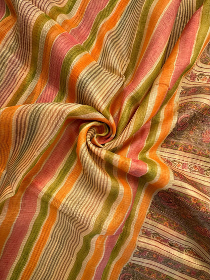 Lemon-Multi Colour Hand Block-Print Pure Kota Doria Silk Saree