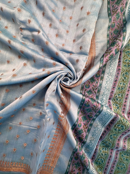 Blue Chanderi Saree with Hand Block Print