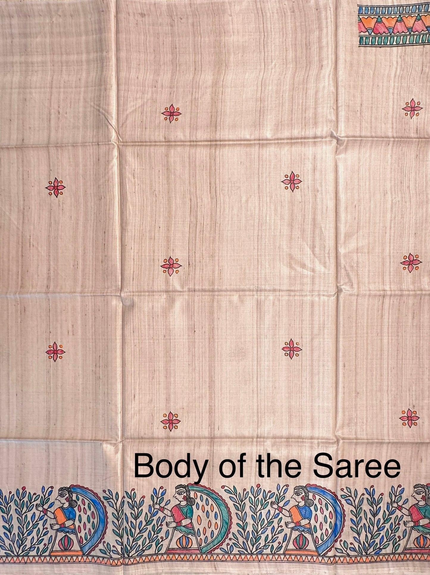 Beige Madhubani Art Pure Tussar Silk Saree