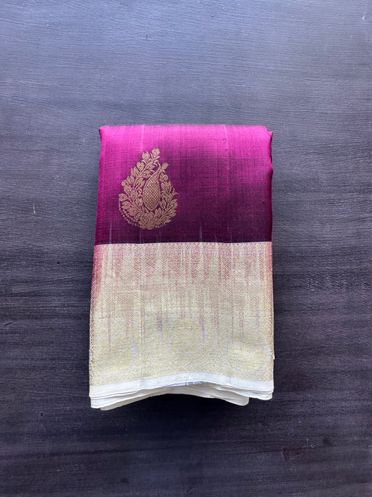 Wine-Cream Handloom Kanjivaram Pure Silk Saree
