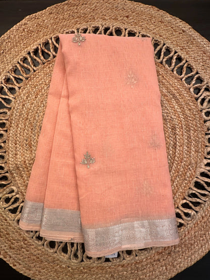Peach Fancy Cotton Saree With Hand Work