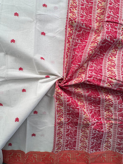 White Red Doodh Aalta Baluchari Weave Pure Cotton Saree