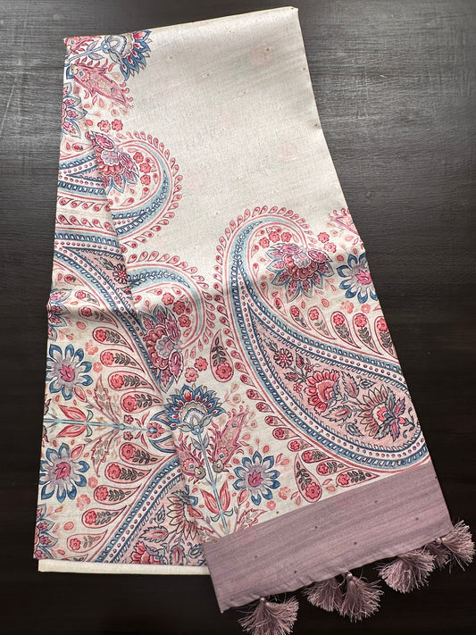 Off White-Champagne Printed Art Silk Saree