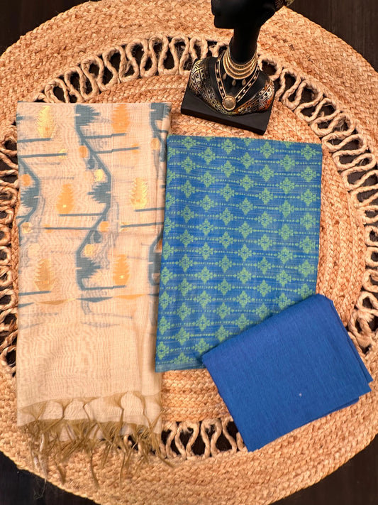 Blue Jacquard 3-piece Unstitched Cotton Suit