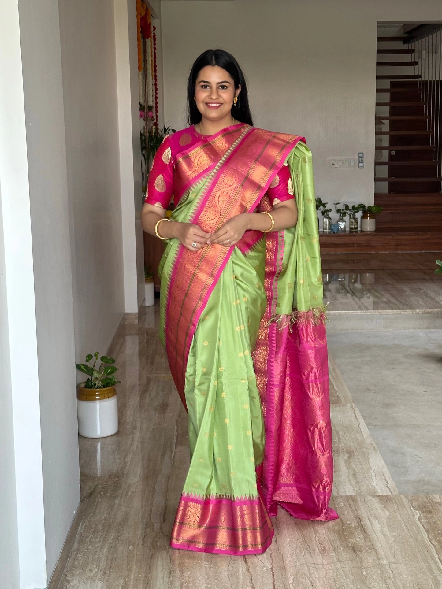 Pista Green-Pink Gadwal Pure Silk Saree