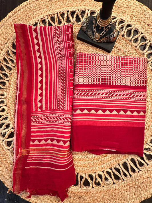 Pink-Beige Printed Chanderi 3-Piece Unstitched Suit