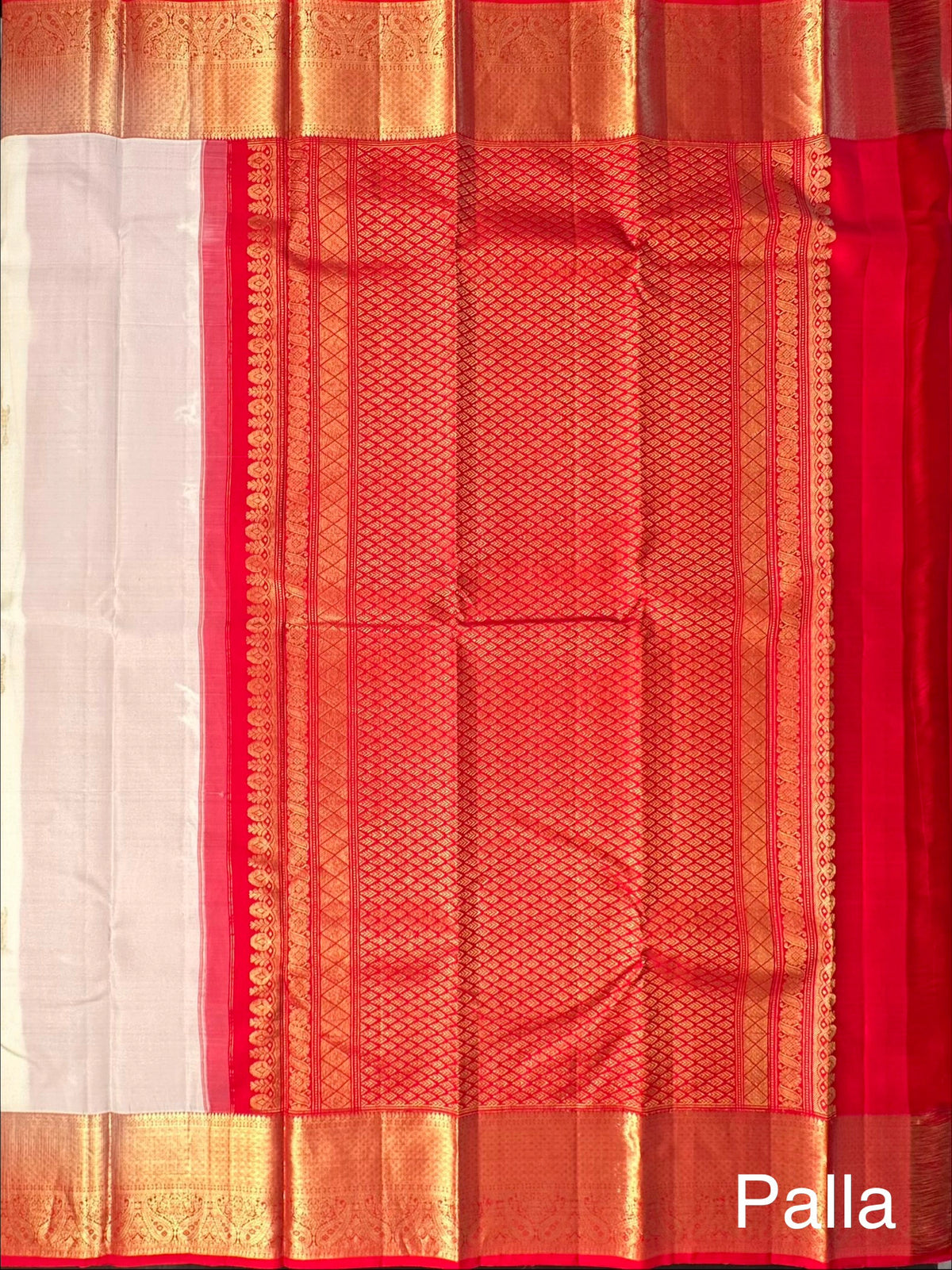 Cream-Red Handloom Kanjivaram Pure Silk Saree