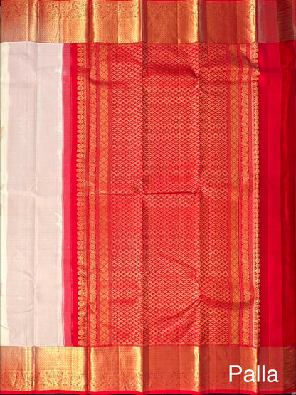 Cream-Red Handloom Kanjivaram Pure Silk Saree