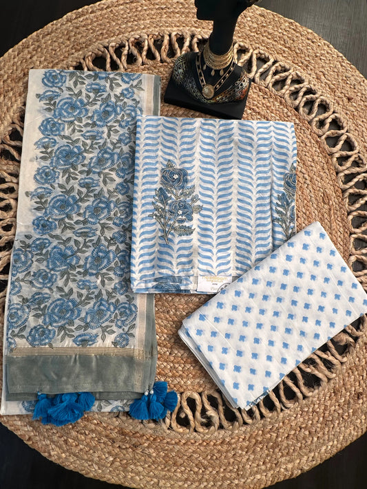 Off White- Blue Hand Block Printed Chanderi 3-Piece Unstitched Suit with Aari Work