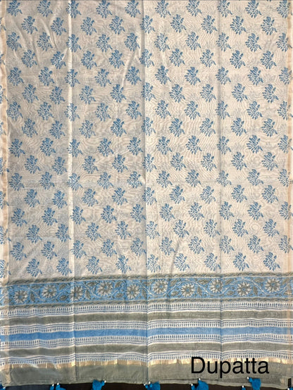 Off White-Blue Hand Block Printed Chanderi 3-Piece Unstitched Suit with Aari Work