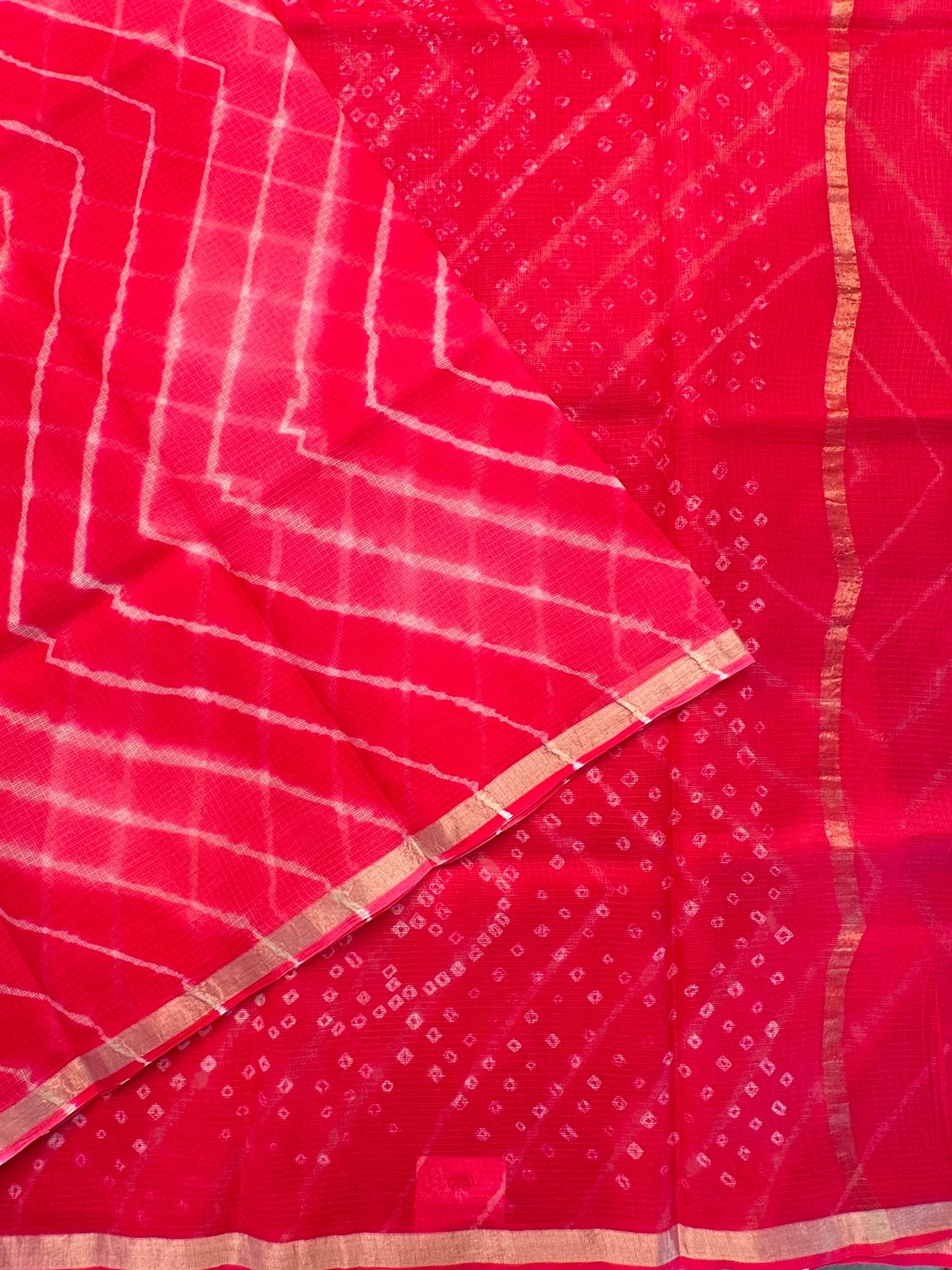Coral Pink Leheriya Kota Doria Pure Silk Saree