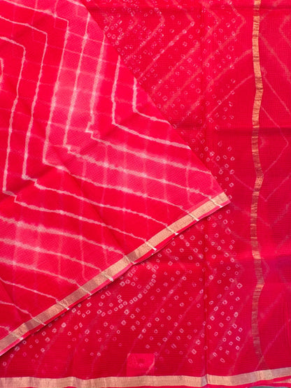Coral Pink Leheriya Kota Doria Pure Silk Saree