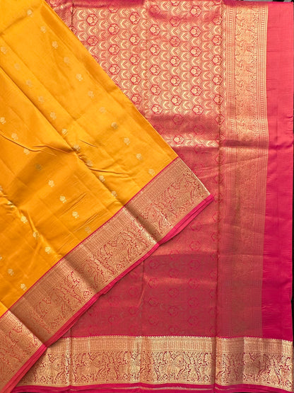 Yellow- Pink Pondicherry Handloom  Pure Silk Saree