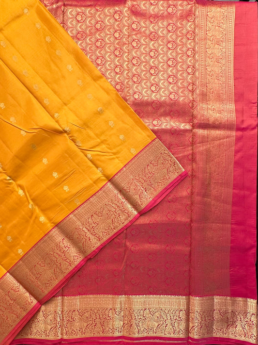 Yellow- Pink Pondicherry Handloom  Pure Silk Saree