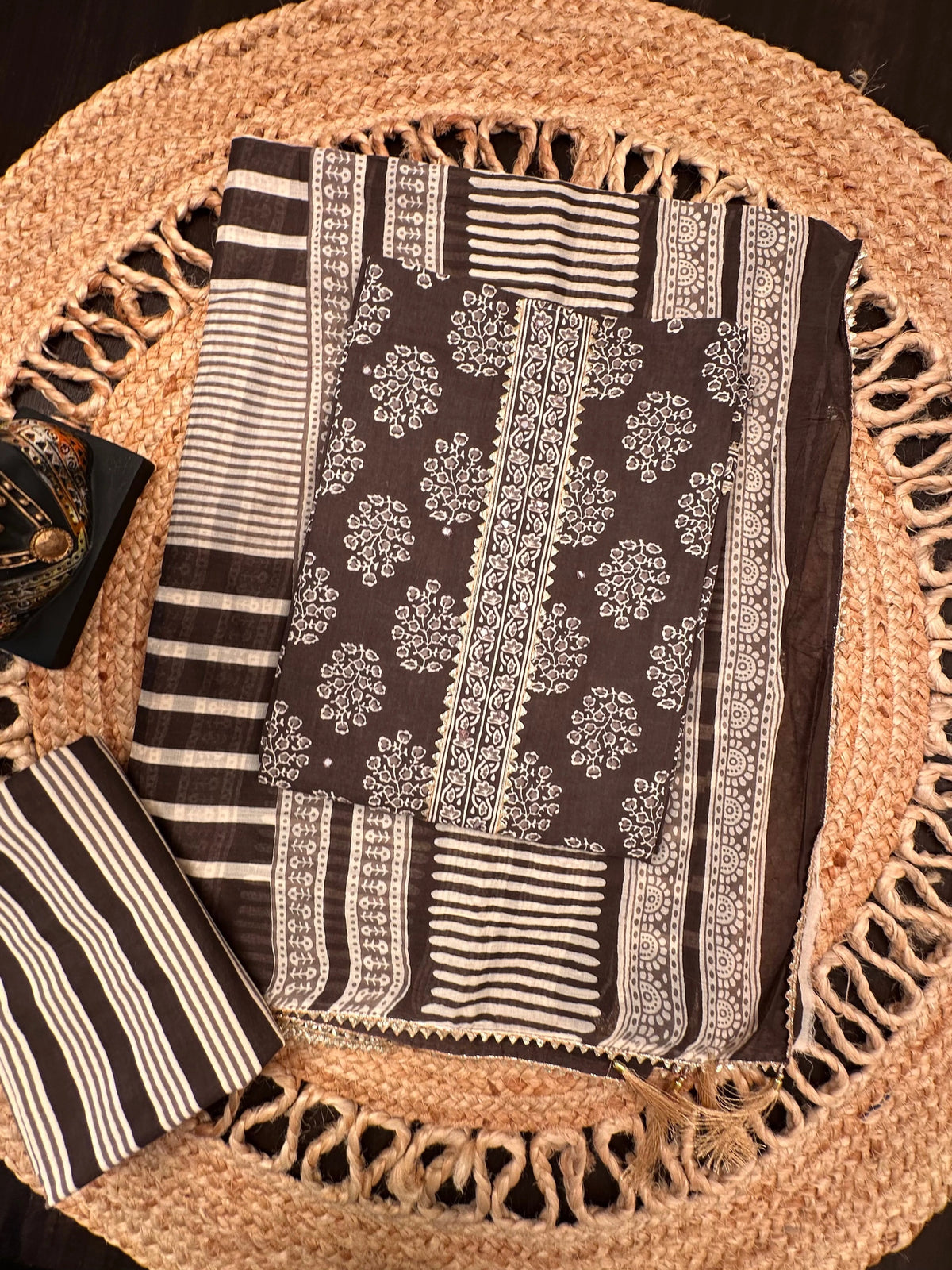 Brown Jaipuri Necktie Cotton 3-Piece Suit
