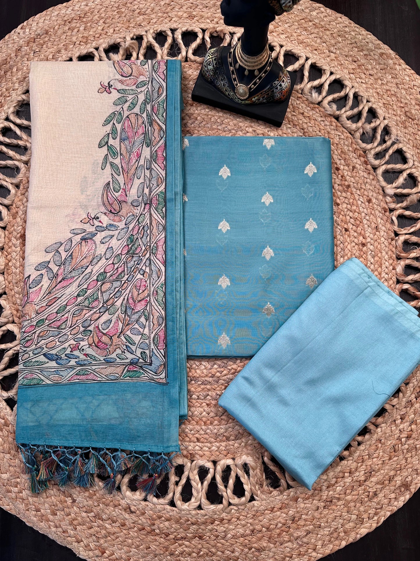 Pastel Blue Chanderi 3-Piece Unstitched Suit with Madhubani Dupatta